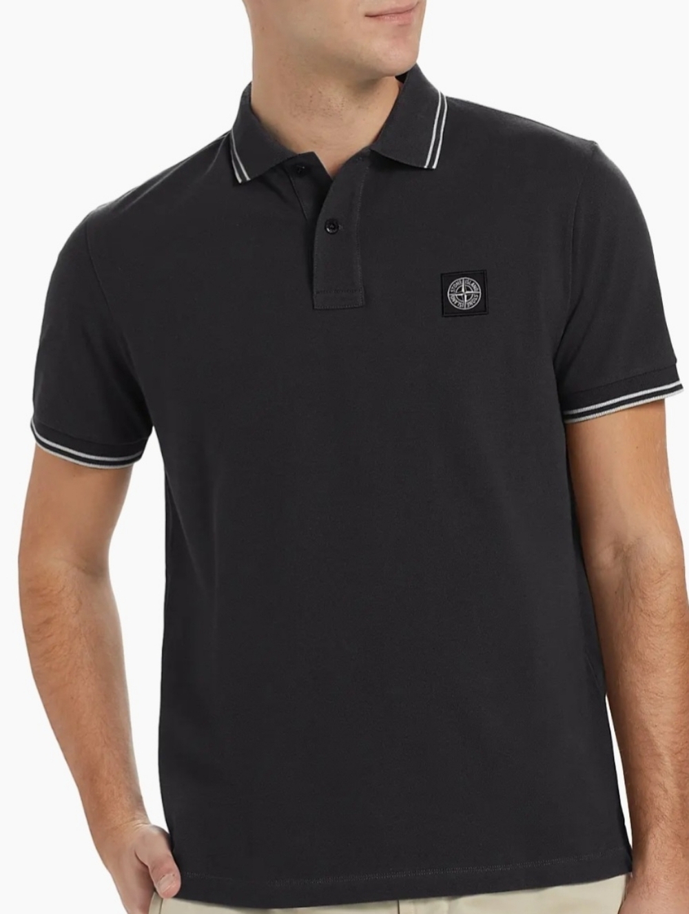 Stone Island Cotton Blend Patch Polo Shirt - Slim-Fit Size Medium - Black & Whit
